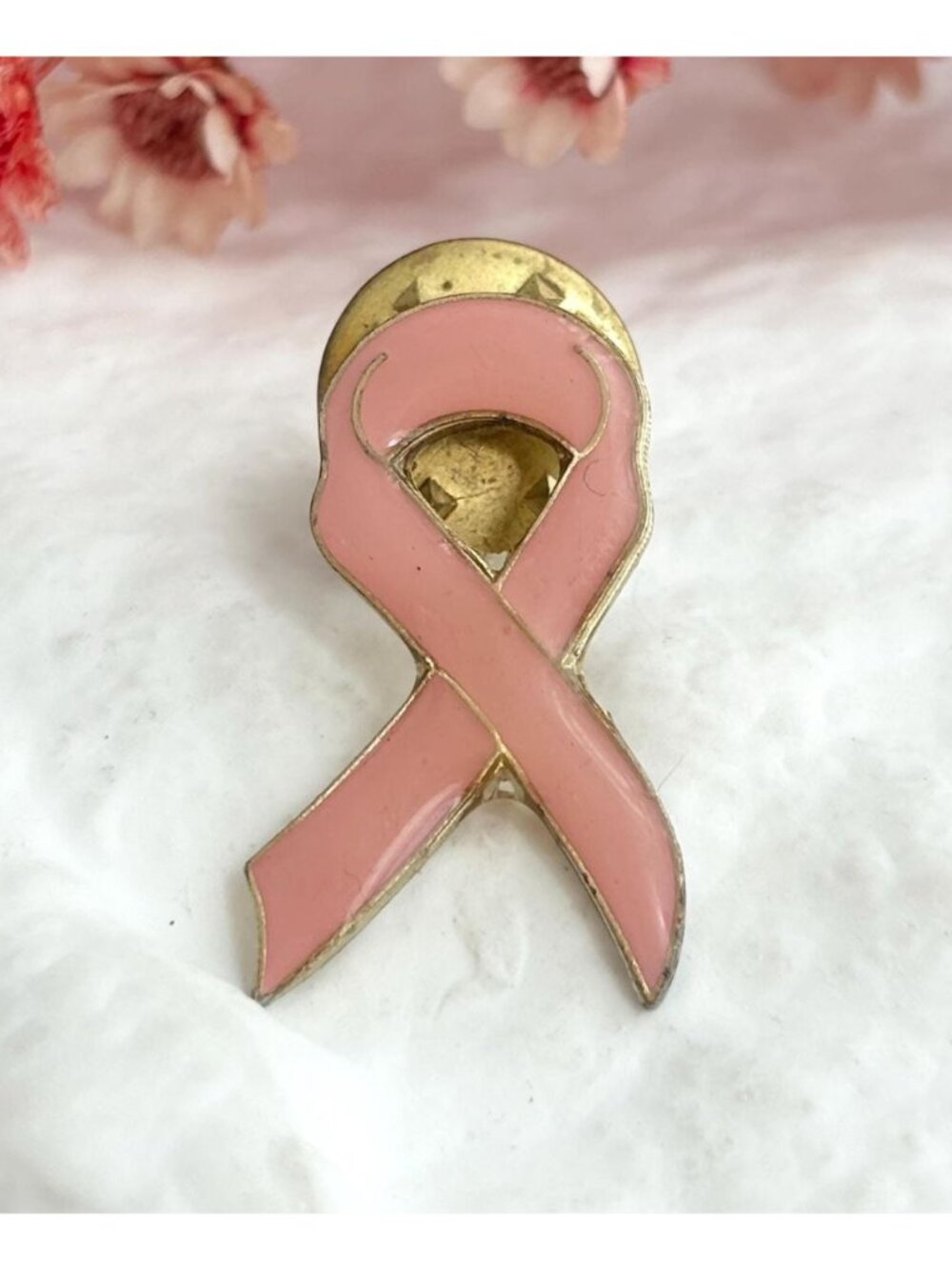 Breast Cancer Awareness Pink Enamel Ribboned Gold Toned Post Back Brooch Pin